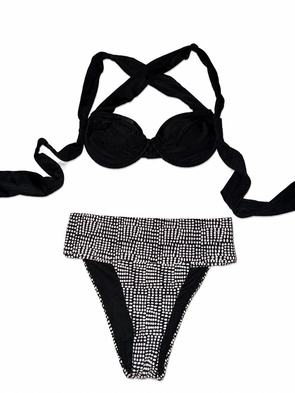 Aerie Black Halter Tie Top with Black & White Print High-Waist Bottom